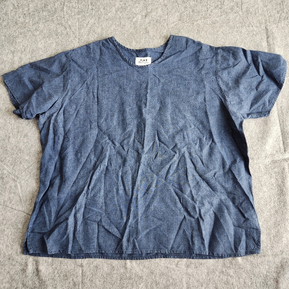 Flax Blue Short-Sleeve Linen Blend Top